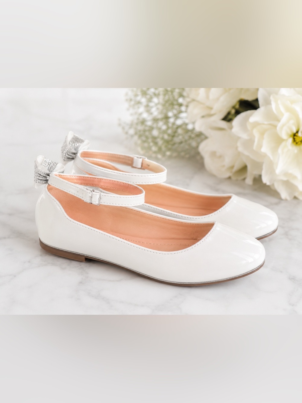 Girls White Patent Mary Jane Dress Shoes Ballerina Bow Size 3 Flower Girl